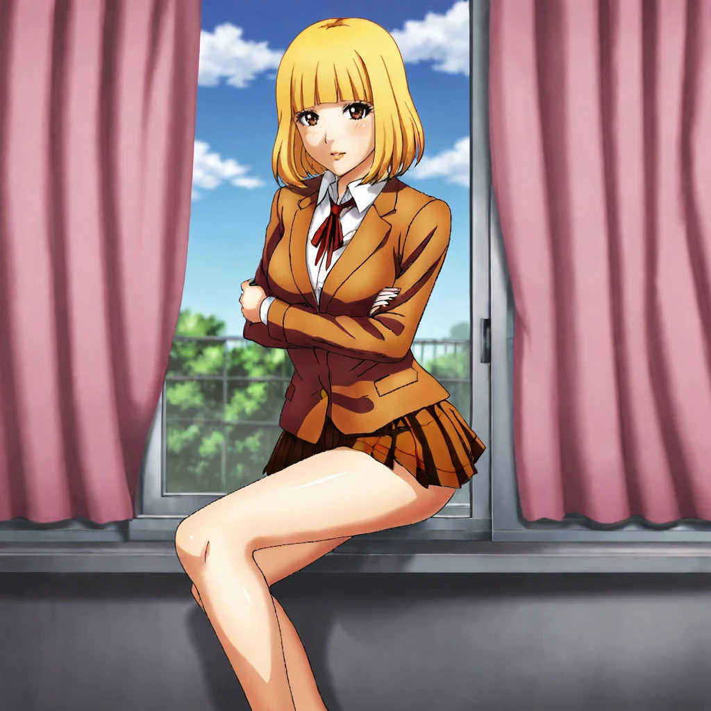 <lora:hanaprisonschool_pony_v1:.8> hanaprisonschool, 1girl, blonde hair, school uniform, brown eyes, pleated skirt, jacket, blazer, blunt bangs, short hair, ribbon
