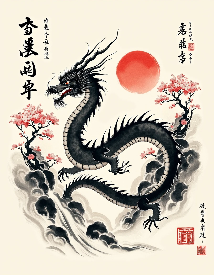 <lora:calligraphy_ink:1> monochrome Chinese text and smudged and faded ink brush style,  a serpentine dragon with long whiskers and horns coiling faded smudged  brush strokes calligraphy ink style, with a rising sun and sakura trees with a waterfall and Chinese text in background