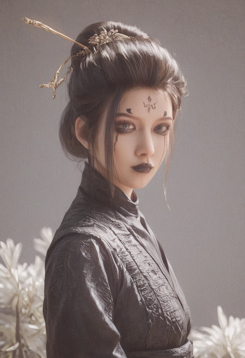 Si Mei, Black Myth, Black Myth Wukong, black hair, facial mark, single hair bun, hair bun, forehead mark, hair ornament, makeup, black lips, score_9, score_8_up, score_7_up, score_6_up,, ink wash painting style, 1girl, monochrome, greyscale, solo, white background, looking at viewer, simple background, makeup, looking back, hair ornament, lipstick, flower, updo, upper body