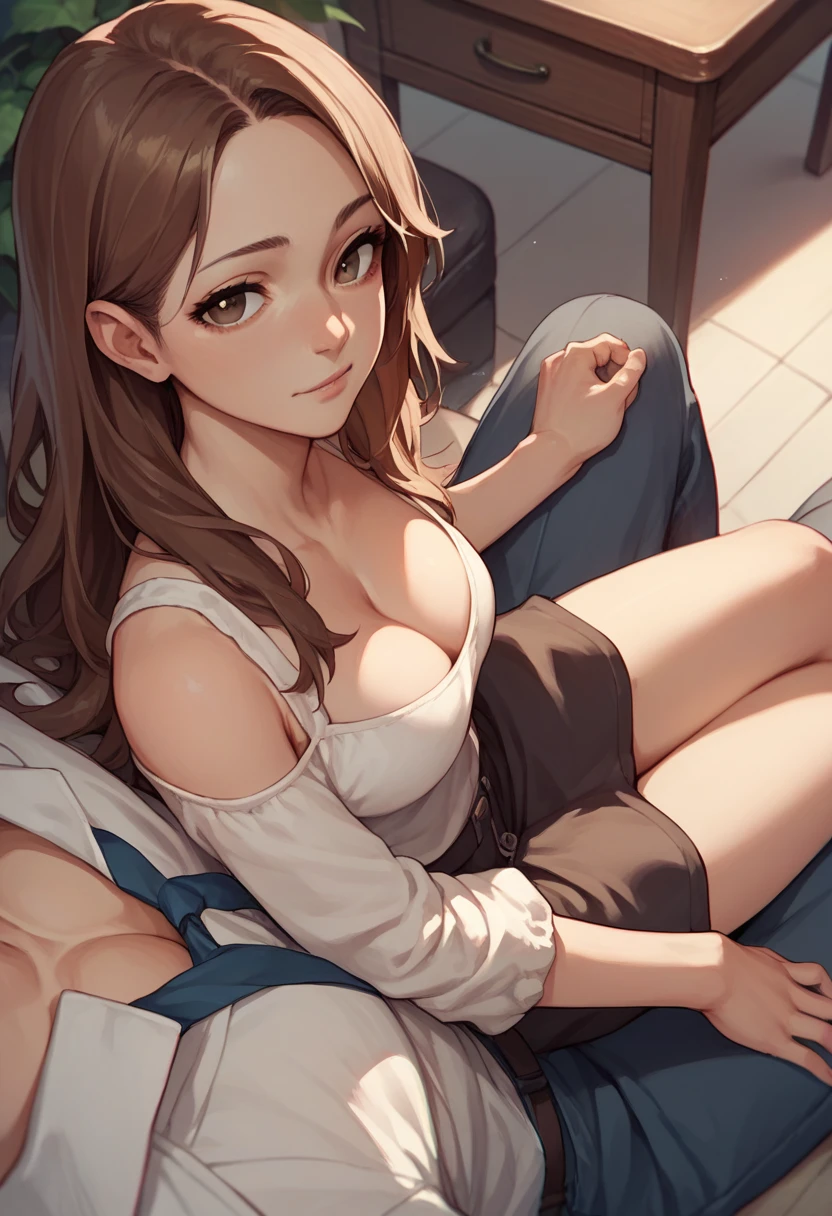 score_9, score_8_up, score_7_up, score_6_up, source_anime, 1girl, long hair, brown hair, 
pov, sitting on lap, 1boy, looking at viewer, cleavage, 
<lora:pov_sitting_on_lap_v0.1-pony:1>