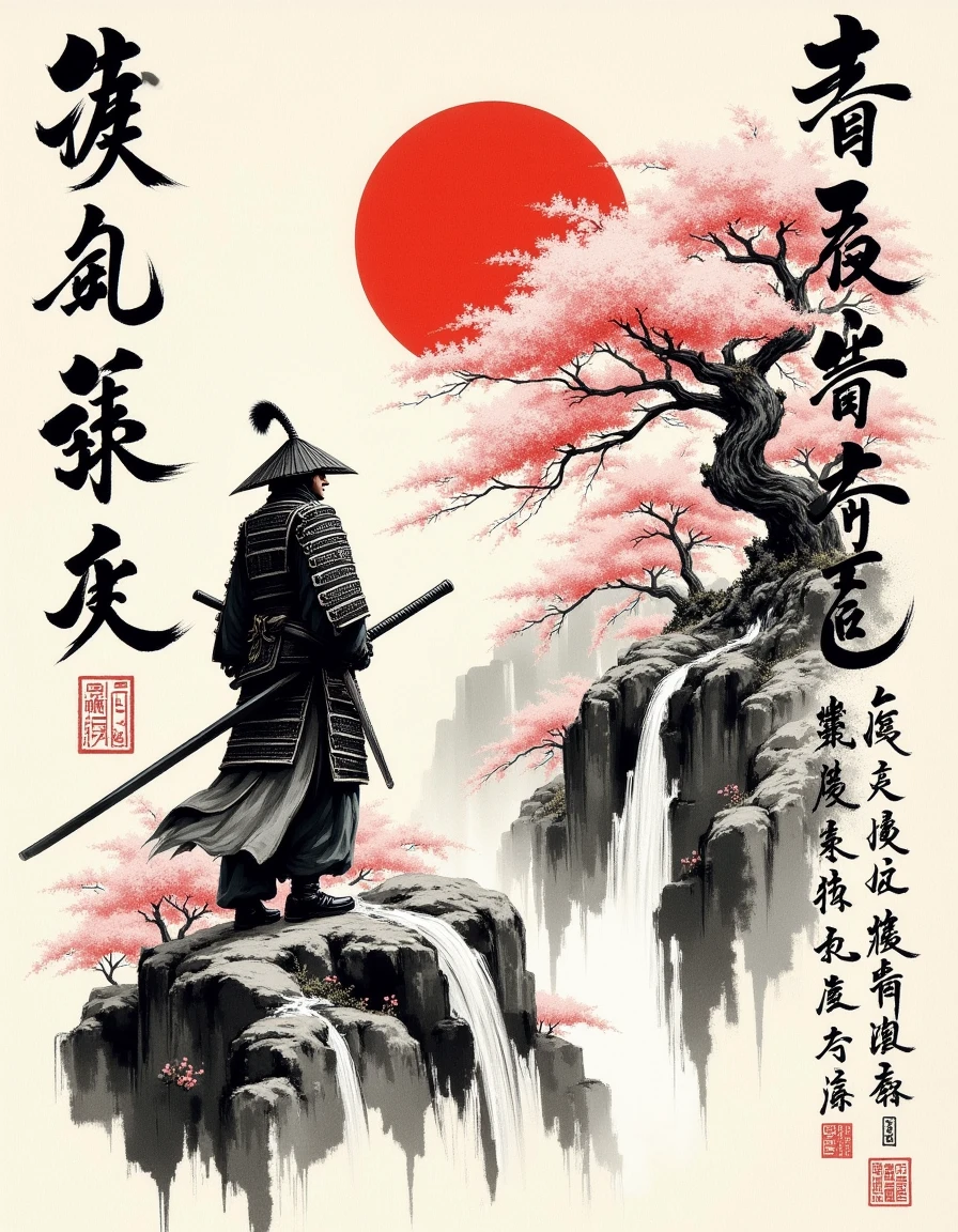 <lora:calligraphy_ink:1> monochrome Chinese text and smudged and faded ink brush style,  a shogun warrior in a faded smudged brush strokes calligraphy ink style, with a rising sun and sakura trees with a waterfall and Chinese text in background