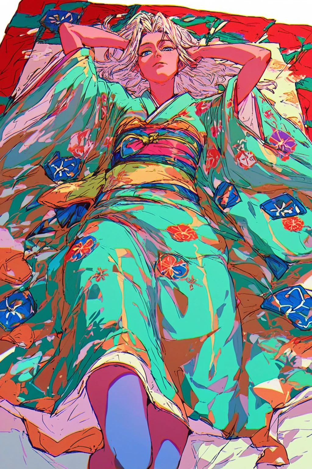 score_9, score_8_up, score_7_up, 1girl, kimono, solo, solo focus, cowboy shot, white background, Lying on a picnic blanket, hands behind the head, watching clouds drift by with wonder., <lora:mizucx:1.8>