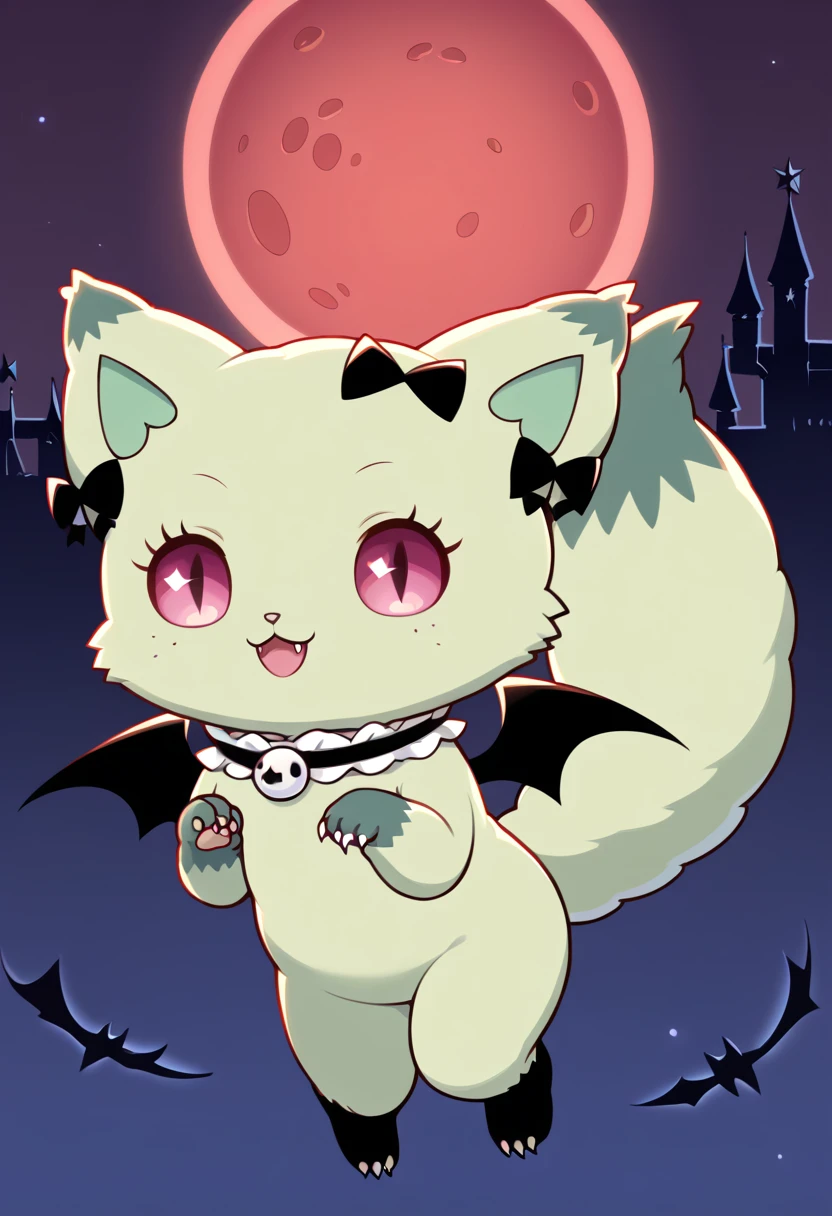 score_9, score_8_up, score_7_up, source_e621, Vampire_Emma, rating_safe, 1girl, solo, looking at viewer, wicked smile, open mouth, bow (4 pcs), animal ears, tail, full body, hair bow (4 pcs), no humans, black bow, :3, cat, furry, furry female, pink eyes, fluffy tail, glowing eyes, fluffy, claws, no hair, green fur, dark castle, moonlight, red moon, glowing eyes, 