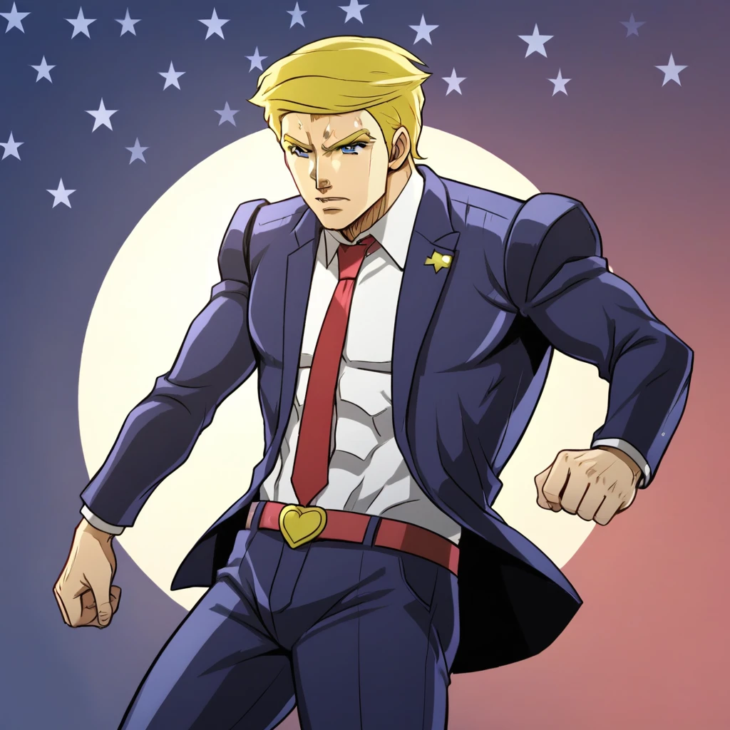 score_9_up, score_8_up, BREAK, 1boy, solo, DonaldTrump, blonde hair, short hair, blue eyes, suit, formal, red necktie, pants, cowboy shot, <lora:TrumpJojo_PXL_Leaf1:0.8>,  gradient background, starry background, jojo pose,