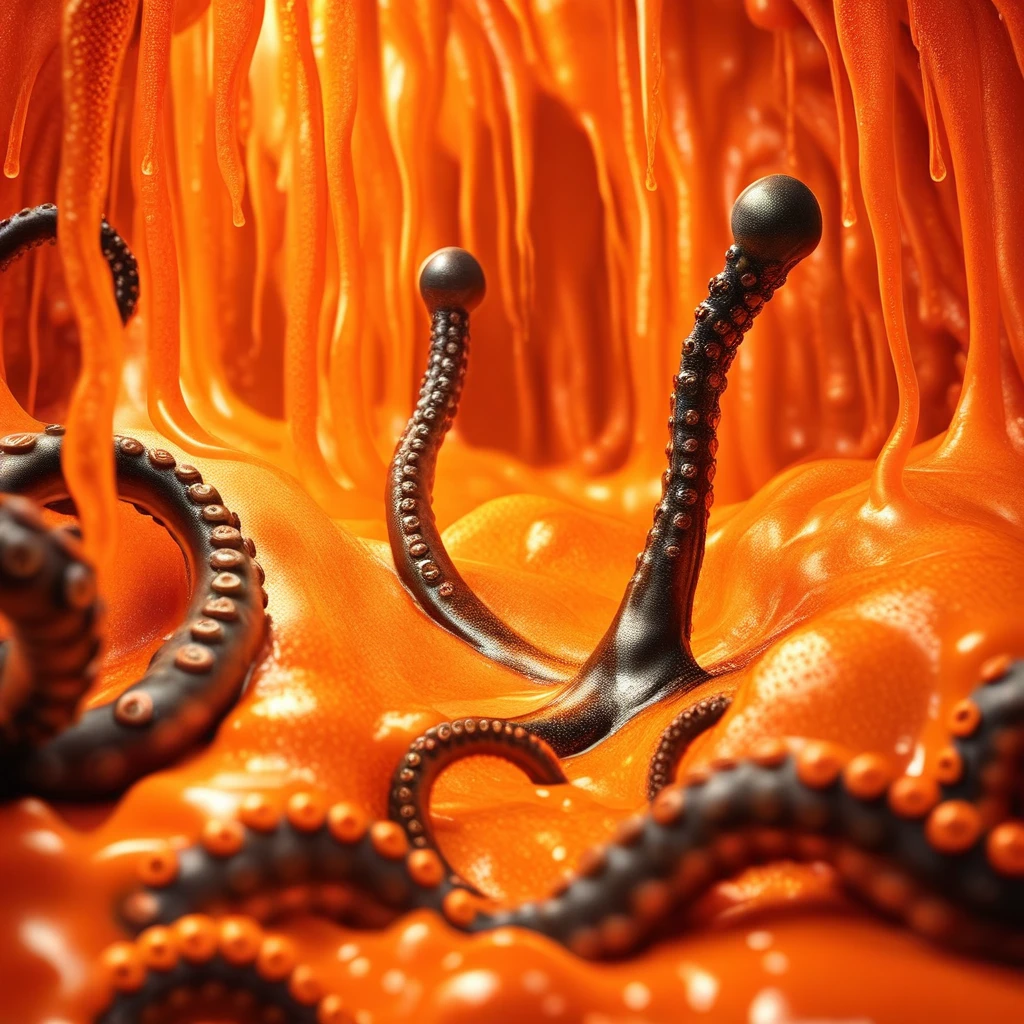 molten rock, melting, tentacles, orange theme, 1girl, shiny, still life, realistic, black tentacles, shining colors, beads, blurry, pants, slime, slimebath