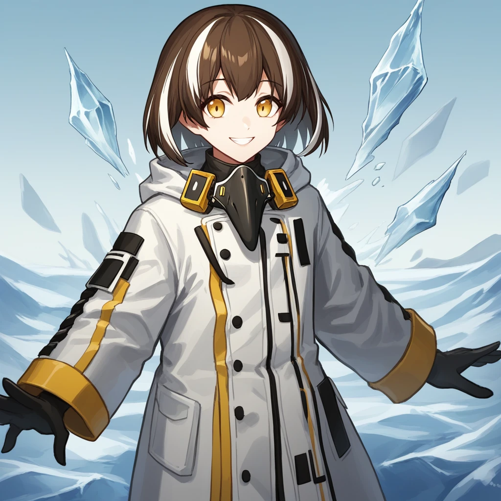 score_9, score_8_up, score_7_up, score_6_up, score_5_up, score_4_up, zPDXL2,source_furry,rating_questionable, 1girl, smile, cowboy shot, arctic, ice, penguins, <lora:Magallan_-_Arknights:0.8> magallan_arknights, multicolored hair, brown hair, short hair, yellow eyes, white coat, jewelry, mask around neck