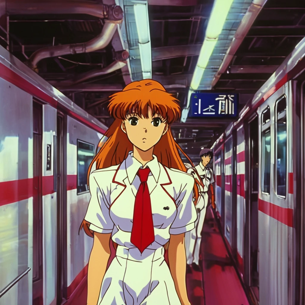 1990s anime screencap, girl in white shirt , waring a red plugsuitwaiting the train under the train stop written, style of neon genesis evangelion 




