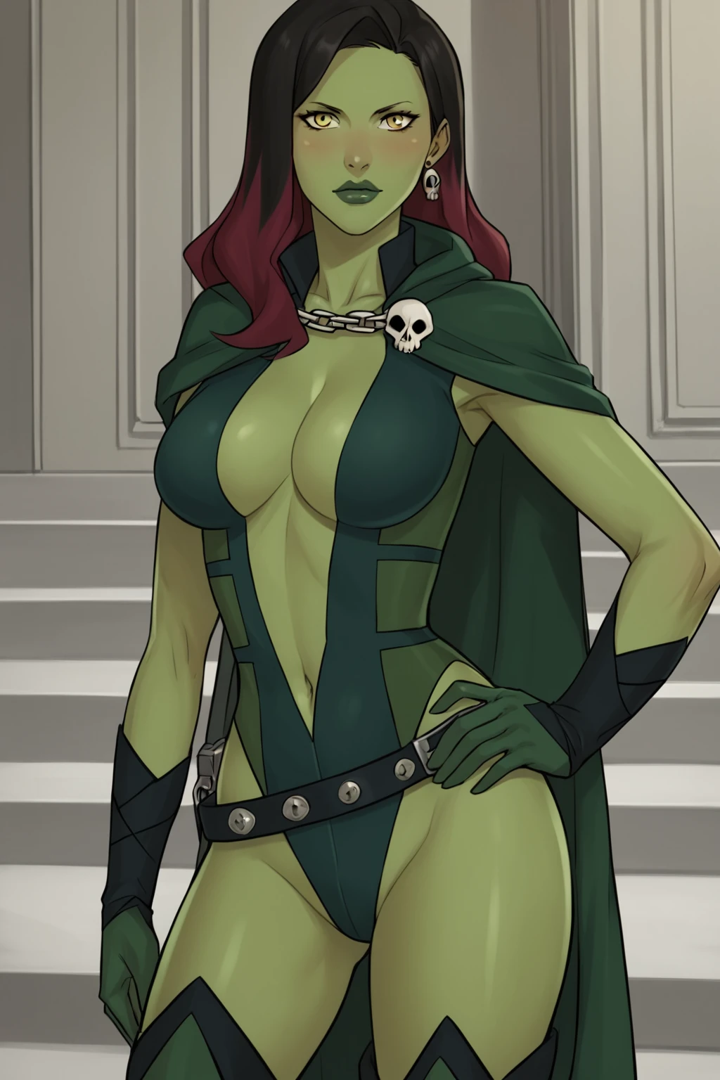 PonyXLV6_Scores BREAK parody, (perfect anatomy, cowboy shot), <lora:Gamora_-_Marvel_Animation:0.8> gamora, multicolored hair, long hair, black hair, red hair, colored skin, green skin, yellow eyes, flirting, ((looking at viewer)), hooded cloak, green cape, chain, jewelry, earrings, cleavage, green slingshot leotard, center opening, navel, green gloves, skull buckle, belt, green legwear, thigh boots, thighhighs, lipstick, makeup, large breasts, curvy, toned, athletic, blush, sexually suggestive pose, hand on hip, indoors