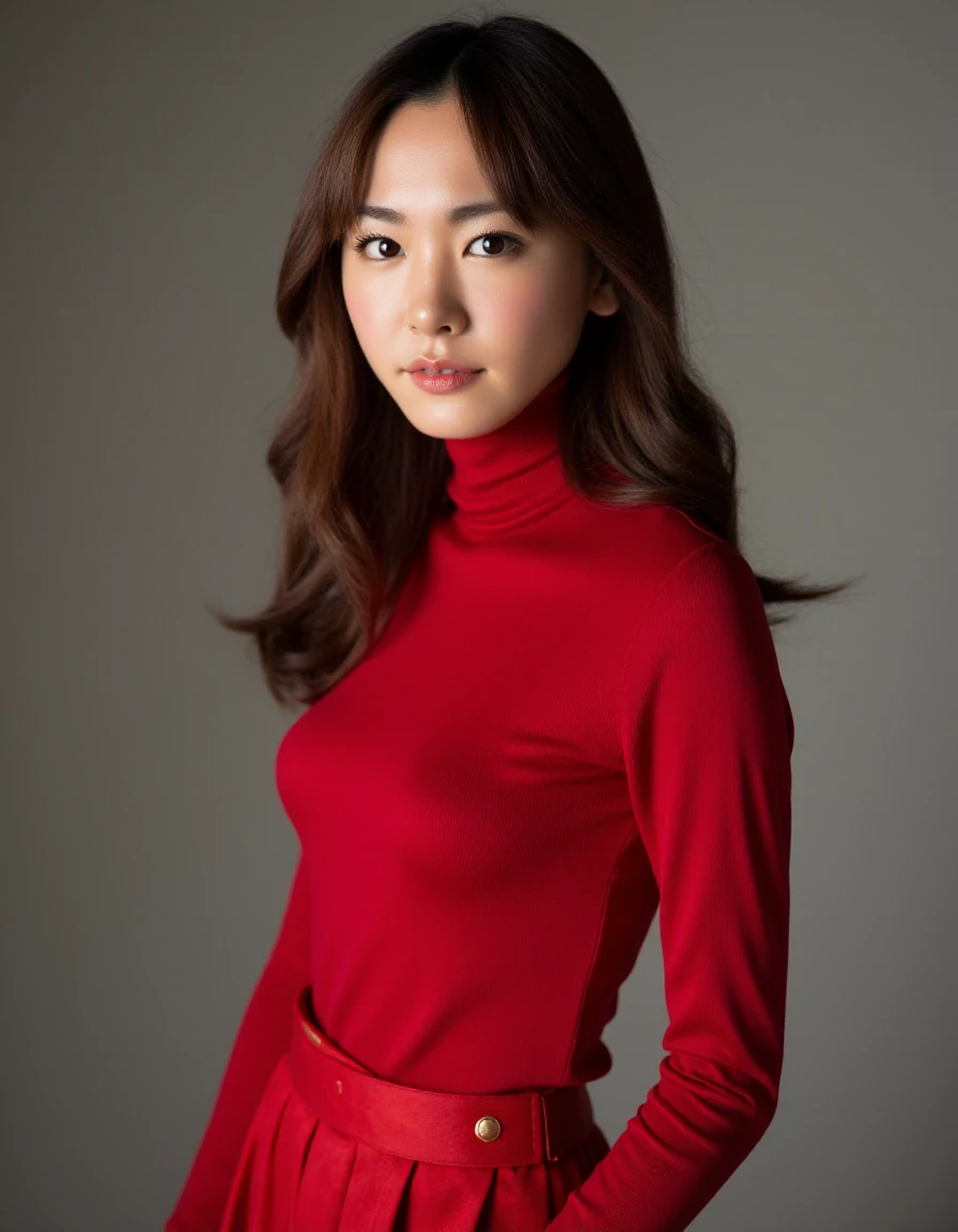 portrait photo of Yui Aragaki in crimson turtleneck shirt and red skirt <lora:Yui Aragaki_epoch_10:1.2>