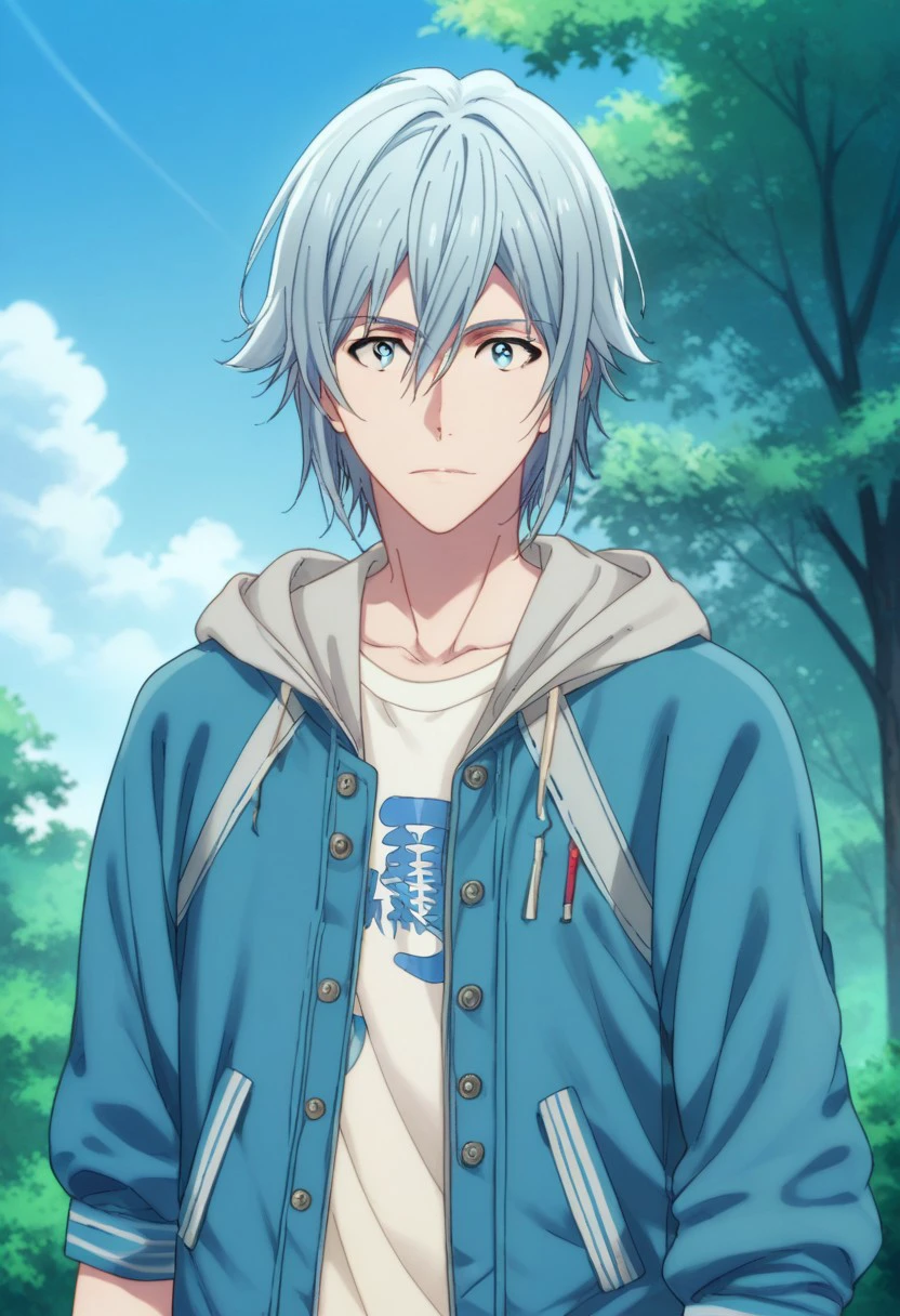 score_9, score_8_up, score_7_up, source_anime, highly detailed, 
tamaki, 1boy, male focus, solo, blue hair, hoodie, hood, blue eyes, jacket, bracelet, jewelry, looking at viewer,
light blue hair, hair between eyes, hood down, upper body
outdoor, sky, tree