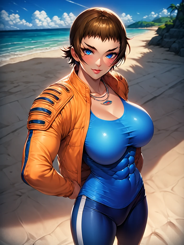 <lora:kugatachi_kaname_freya_sd15:1>, Kaname kugatachi, brown hair, blue eyes, scar, necklace, breast, abs, orange leather jacket, blue sleeveless shirt, tight shirt, blue leggings, staff, 1girl, standing, alone, looking at the viewer, masterpiece, highres, highly detailed face, highly detailed shining eyes, symmetrical highly detailed eyes, entire body, legs, beach, sand, sea