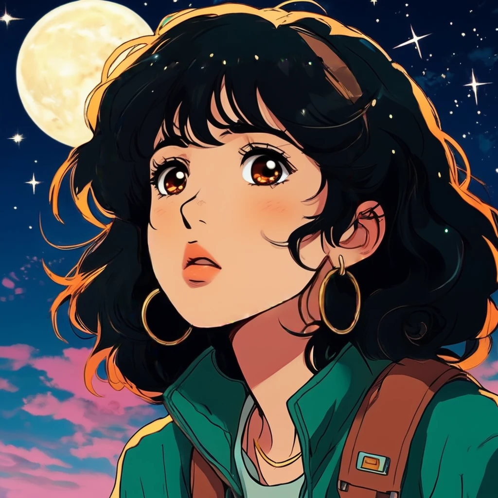 Close-up portrait of a young anime girl with big brown eyes and messy black hair, looking up with an awestruck expression. Night sky background with stars and wispy clouds. Studio Ghibli style, vibrant colors, detailed facial features, rosy cheeks, gold hoop earrings. Character wearing a teal jacket. Dramatic lighting, sense of wonder and amazement