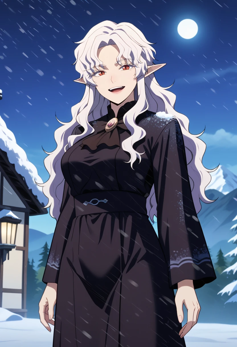 score_7_up, anime screencap,
<lora:SoloMaxLevelNewbie_OpheliaXL:0.9>, OpheliaSMLN,
1girl, solo, open mouth, light smile, 
long hair, wavy hair, white hair, parted bangs, red eyes, slit pupils, pointy ears,
black robe, brooch, mature,
standing, looking at viewer,
blurry background, night, night sky, outdoors, snow, snowing, mountains