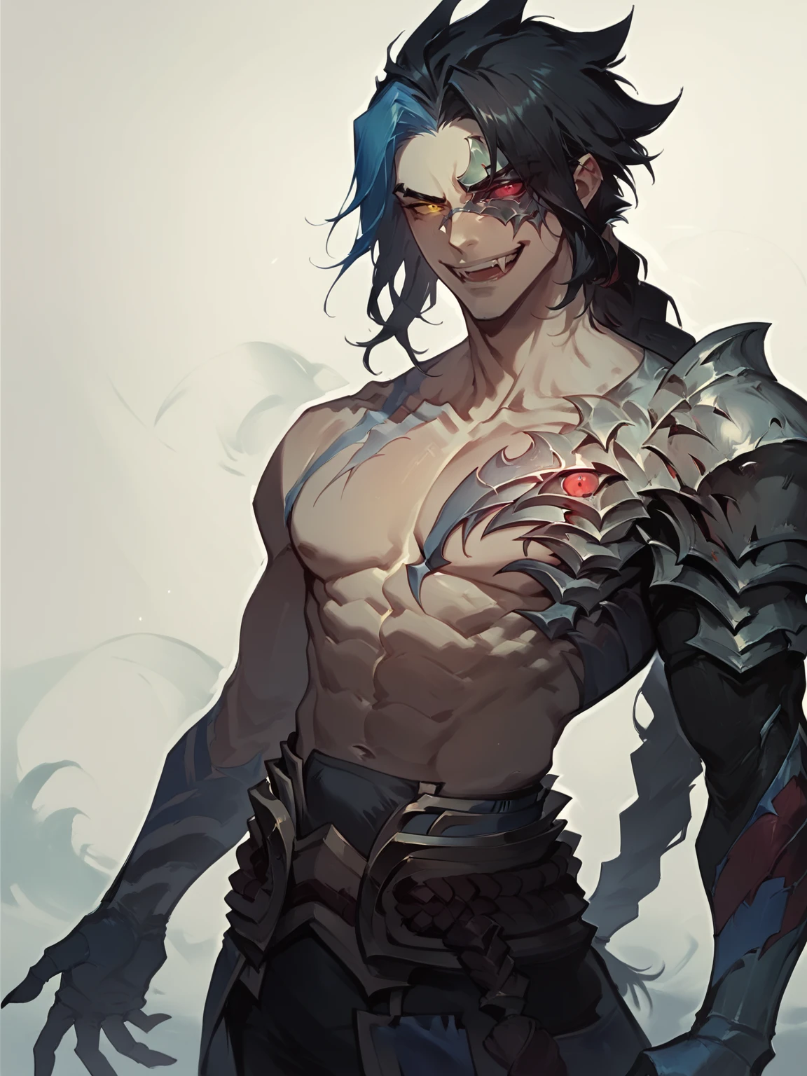 score_9, score_8_up, score_7_up, BREAK, KaynNormal, 1man, solo, long black hair, long braided ponytail, blue strand of hair, metalic mark on face with red eye, heterochromia, one pauldron, one red armored demonic hand, topless, abs, belt, pants, armored boots, crossed hands, smug, fangs, staying in darkness, Concept Art, <lora:KaynNormal:1> <lora:Concept Art Twilight Style SDXL_LoRA_Pony Diffusion V6 XL:1> <lora:- SDXL - vanta-black_contrast_V3.0:1>