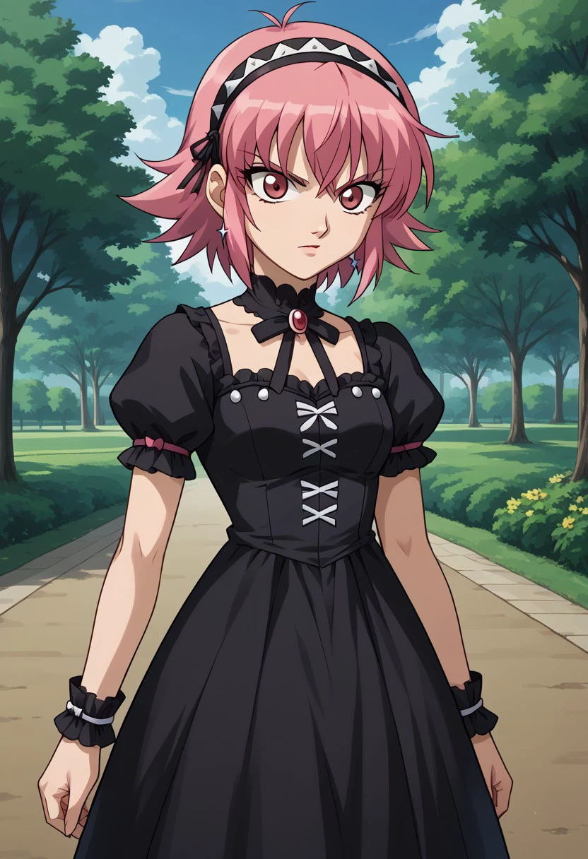 score 9, score 8 up, score 7 up, bakugan, bakugan battle Brawlers, 1girl, black pantyhose, bow, dress, pantyhose, pink hair, solo, gothic dress, gothic hairband, gdark, upper body, park