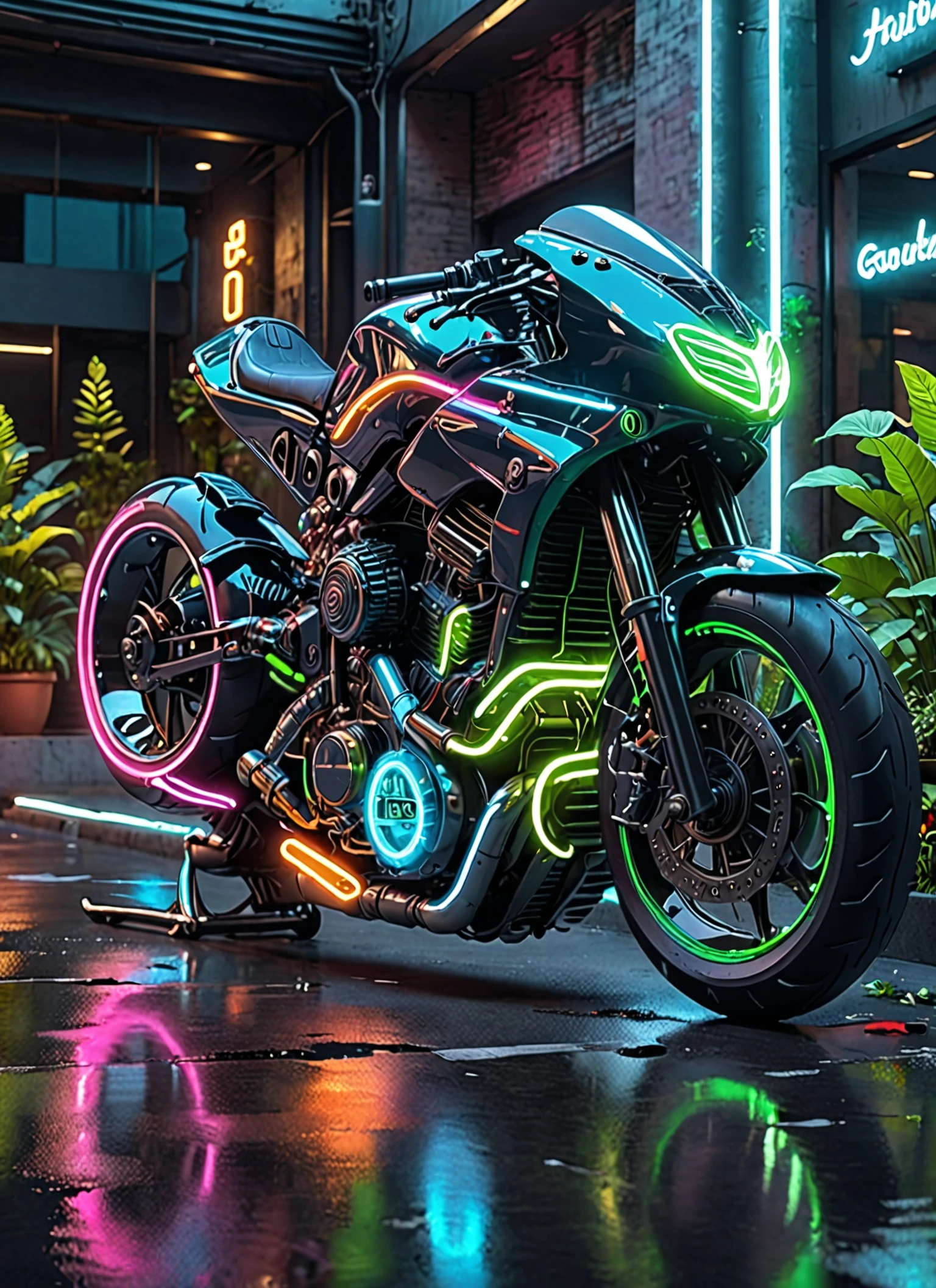 ftsbk motorbike neon, feeling of speed, reflection, full body view, Vertical Gardens on Buildings background <lora:Futuristic Superbike XL:1>