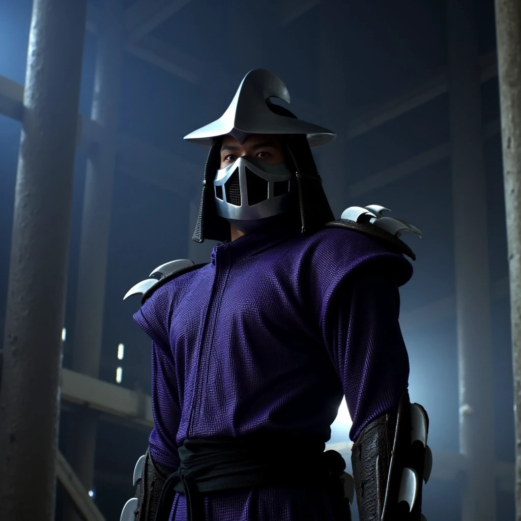 solo, a TMNTShredder armored samurai knight, wearing a purple outfit with claw spike pauldrons and metal samurai helmet with mask, standing defiantly in an eerie abandoned construction site at night. Dynamic lighting and shadows, in progress construction building and pillars and beams and work lights fill the background and the image gives a deep eerie atmosphere of tension and the sense that a battle will soon take place. source_IRL, source_movie