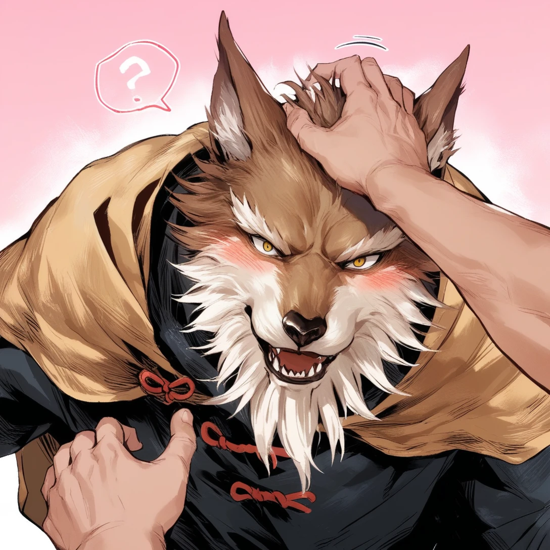 score_9, score_8_up, score_7_up, score_6_up, source_furry,
lls, wolf yaoguai, male, anthro, solo, white beard, tan capelet, chinese clothing, petting head, petting pov, first person view,BREAK
lls, wolf yaoguai, male, anthro, solo, black shirt, surprised expression, awkward, blush, yellow eyes, flash emanata, pink background, gradient background, bust portrait, humanoid hands, human, question mark, 
 <lora:BlackMythWolves_1.0.b:1>