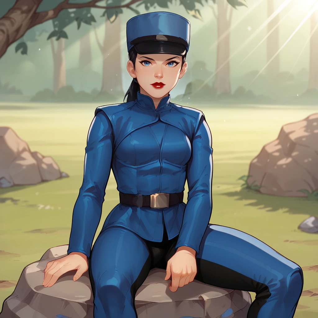 score_9_up, score_8_up, BREAK, 1girl, G2, black hair, low ponytail, blue eyes, red lipstick, blue hat, blue headwear, blue uniform, blue jacket, belt, pants,  <lora:G2_InspectorGadget2_Artwork_PXL_Leaf2:0.9>, sitting on rock , outdoors, looking at viewer, depth of field, light rays,