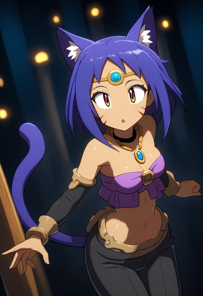 <lora:Shantae_-_art_style_e10:1.5>
masterpiece, best quality, aesthetic, 4K, high resolution, anime, absurdres, extremely detailed, top quality, atmospheric scene, cinematic, perfect lighting, depth of field,
1girl, adult, mature, milf, perfect anatomy,
cat girl, cat ears, cat tail, delicate facial marks, slit pupils ,
small breasts  ,
pastel blue  hair,
messy fishtail  hair,
multicolored  eyes,
hood with fur trim,
dancer, bandeau, detached sleeves, halterneck necklace, cross-laced, circlet,
,
fitted trousers with decorative stitching ,
jeweled sandals ,
foot jewelry ,
parted lips, gorgeous lips, 
shy ,
looking up , 
portrait , 
dynamic angle , 
from front , 
,
night ,
dark cathedral, towering pillars, stained glass windows, flickering candles, eerie chanting 
<lora:PerfectEyesXL:1>