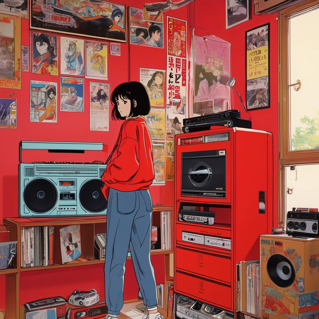 1980s Japanese culture-inspired anime-style illustration. A high-teen girl with a Seiko-chan haircut, wearing a crew neck sweatshirt, is operating a red-bodied boombox. The scene is set inside a room with a poster of a male idol on the wall, and various small items reflecting the 1980s Japanese culture. The room is lit with natural daylight, creating a nostalgic and pop atmosphere that resonates with people in their 60s today. The focus is on a close-up of the boombox, emphasizing its red body.






