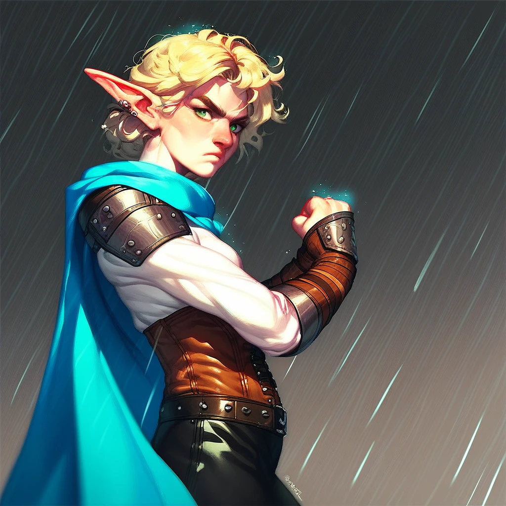 score_9, score_8_up, score_7_up, score_6_up, score_5_up, score_4_up,  fantasy, 1girl, (elf:1.1), blonde hair, shoulder-length hair, (hair parted on side:0.9), (messy hair:0.8), green eyes, white skin, angular features, sharp features, monk, stern expression, piercing gaze, (blushing:0.1), nose, defined chin, toned female, white cloth tunic with long sleeves, blue cape, leather corset, leather bracers, fingerless leather gloves, belt, black pants, leather shoulder pads, head turned towards viewer, looking at viewer, left arm bent at the elbow with fist close to her chest, right arm wrapped across torso clutching her left arm, holding fist, calm and serious expression, (side view:1.2), cowboy shot, stormy background with rain falling around her, soft glow around her, soft glowing particles,