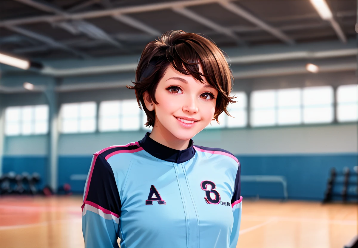 score_9, score_8_up, score_7_up, cadey mercury, 1girl, solo, brown eyes, smile, gymware, jersey, gym, blurry background, short hair, brown hair, arms behind back, looking at viewer, realistic, lips, blue dress, long sleeves, upper body,  science fiction,  <lora:Porn_Star_Cadey_Mercury:1>