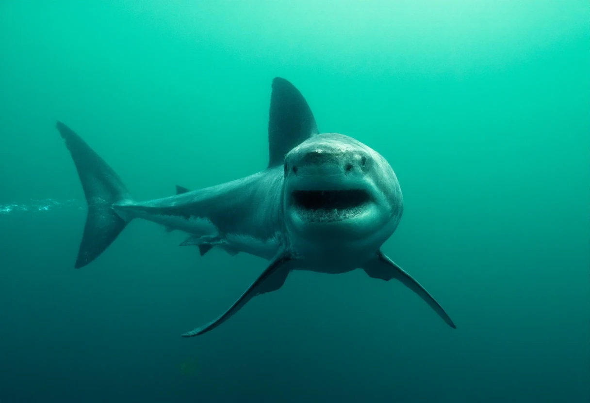 of a high-resolution photograph capturing a dramatic underwater scene. This photograph vividly depicts a large great white shark swimming in clear, turquoise water. The shark, with its sleek, muscular body, dominates the frame, showcasing its powerful dorsal fin and sharp, triangular tail. The shark's skin appears smooth and slightly glossy, with a mix of dark blue and gray tones, reflecting the light. The water around the shark is calm, with gentle ripples and small bubbles trailing behind, indicating movement. The background is a gradient of greenish-blue hues, creating a serene yet somewhat ominous atmosphere. The texture of the water is smooth, with subtle waves and light reflections. The overall composition emphasizes the shark's majestic presence and the serene yet intense marine environment. The photograph captures the raw beauty and power of the natural world, highlighting the shark's grace and strength in its natural habitat.