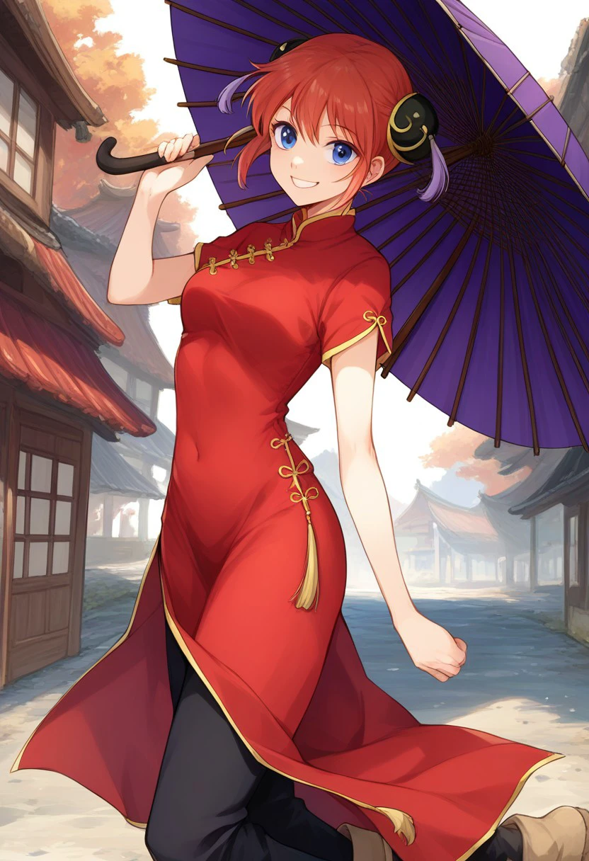 score_9, score_8_up, score_7_up, rating_safe BREAK 1girl, solo, cute, kagura_gintama, red chinese dress, , short sleeves, long dress, side slits, ankle boots, purple holding oil-paper umbrella, (baggy black pants) (bare feet) (closed umbrella) confident, standing, contrapposto, smile, old Japanese village, dirt road, dynamic pose,