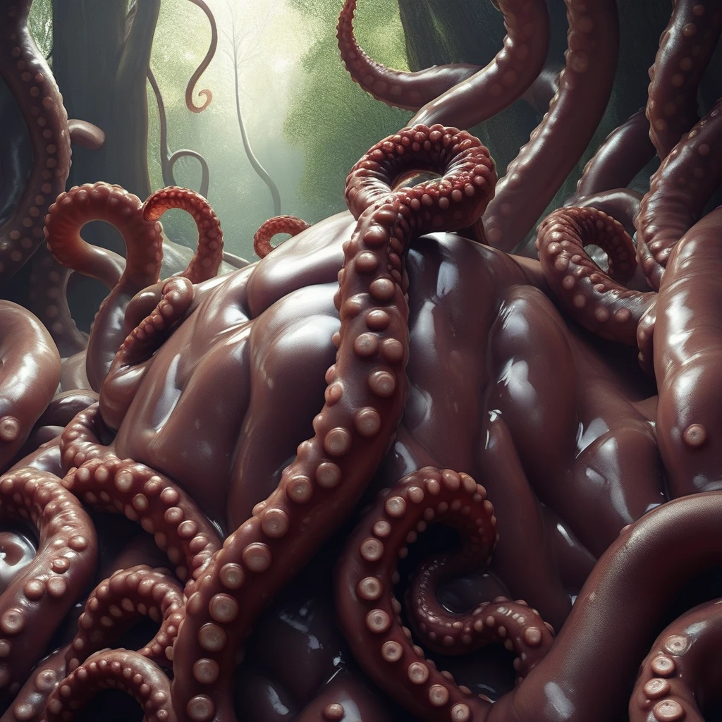 ass, brown tentacles, outdoors, sunlight, male focus, forest, solo, realistic, indoors, still life, tentacles, no humans, shiny, slime