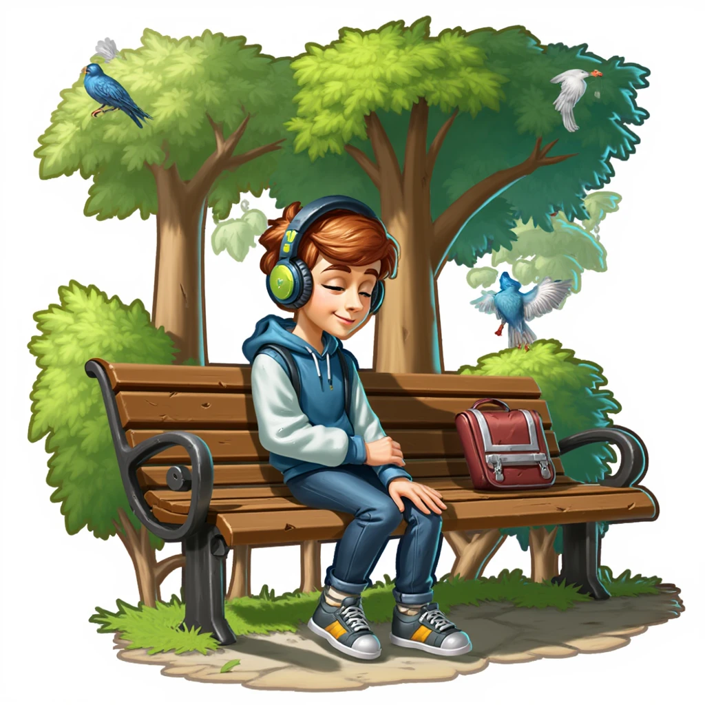 game_icon, 
A teenager was sitting on a bench in the park, immersed in music. He was wearing a pair of large headphones that completely covered his ears. He had his eyes closed and a smile on his lips, seeming to be enjoying the music. The boy has messy brown hair peeking out from under his headphones. He was wearing a hoodie and jeans, and his schoolbag was placed on a bench nearby. The surrounding park is very quiet, and the tall trees cast long shadows on the ground. A few birds sat on the branches nearby, and the sun cast dappled light and shadow through the leaves, reflecting on the boy and the bench. The atmosphere of the entire scene is tranquil and introspective.,
white background