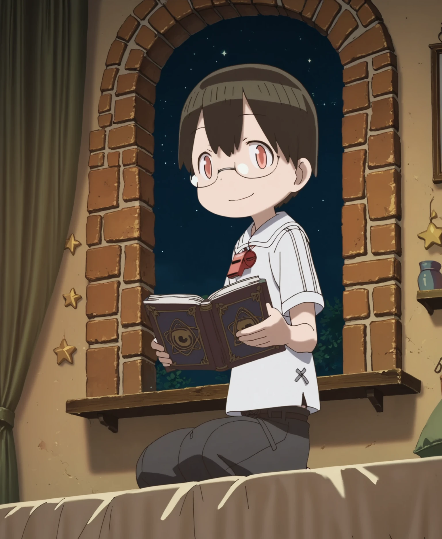 score_9, score_8_up, score_7_up, score_6_up, score_5_up, score_4_up, source_anime, full-length portrait BREAK mshiggy, male, red whistle, white shirt, black shorts, holding book, book, kneeling, looking at viewer, smile, bedroom, on bed, stone window, curtain, chains, night, (stars:1.2), detailed background, clutter, dynamic, intricate <lora:Made In Abyss - CharactersXL v0.6b-000005:1> <lora:zy_Detailed_Backgrounds_v1:0.75>