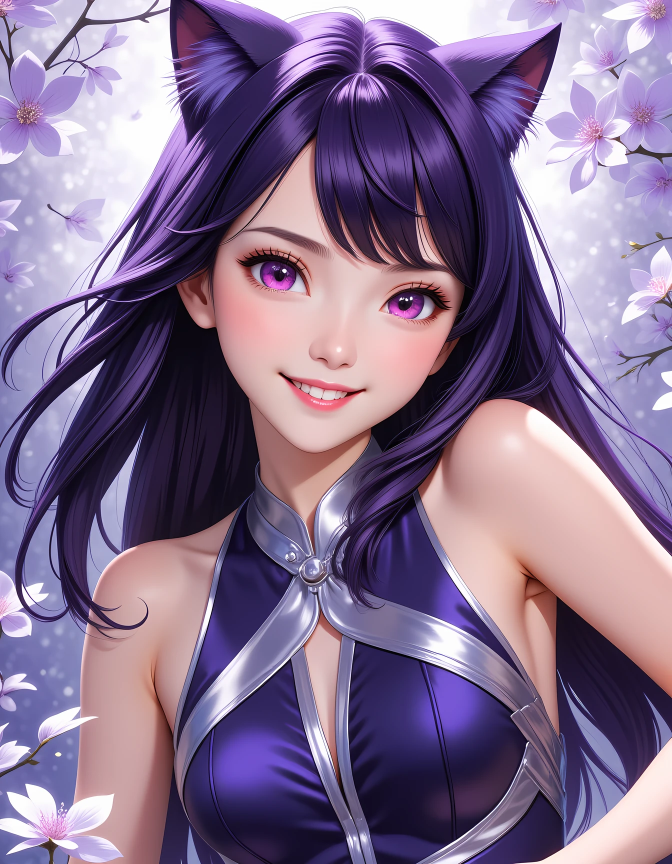 1 cute girl in TzigoAnimeStyle, 18yo, most beautiful, cute, gorgeous face, eyeliner, extreme long hair, dark violet hair, dark violet cat ears, hair blows in the wind, pink eyes, slim waist, narrow shoulders, short torso, soft thighs, short face, happy smile, medium small round breasts, beautiful detailed eyes, reflections in eyes, symmetrical eyes, beautifully detailed face, detailed lips:1, detailed iris, dark blue and silver criss cross halter dress, perfect beautiful detailed dress, fantasy world, beautiful detailed background, absurdres, <lora:TzigoAnimeStyle:1>