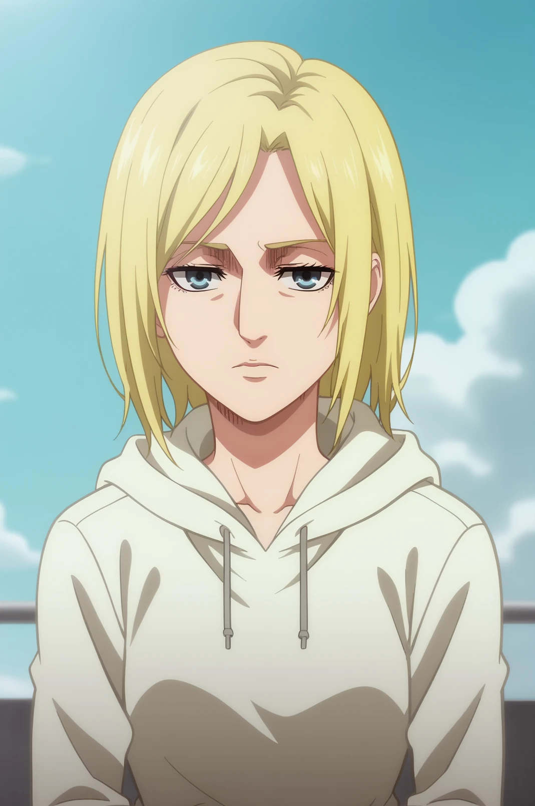 annie leonhart,anime screencap,1girl,solo,mature,parody,short hair,hood,hoodie,looking at viewer,emotionless,sky,white hoodie <lora:Adult Annie - PDXL2.safetensors:0.8>