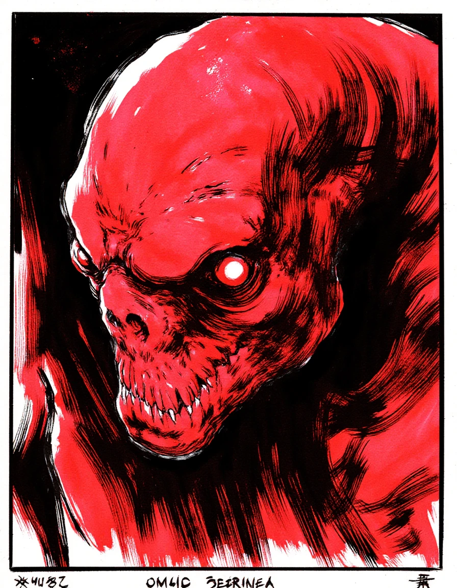 <lora:ink_monsters_v2:1.8> kimholm style, red xenomorph,