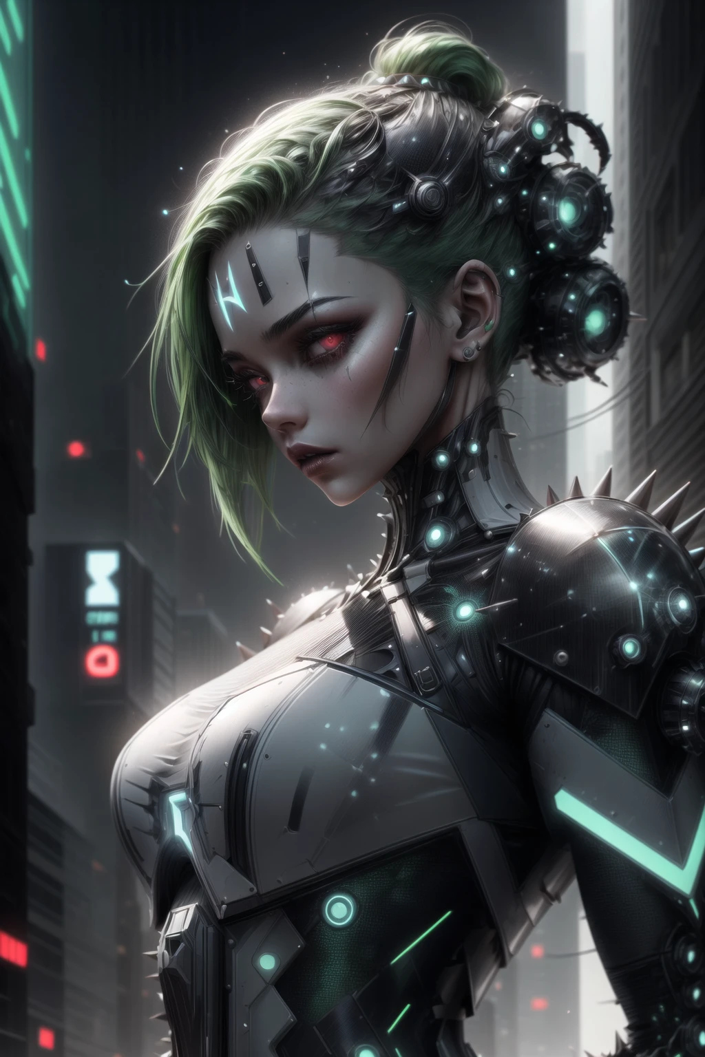 armored female figure, model, green hair, gothic armor, futuristic style, punk, white neon on the armor, spikes on the armor, visible face, front view, high quality, cyberpunk city background,  <lora:GHT_V1-000001:1> GHT, <lora:more_details:1>,  <lora:LEDarrayTech:0.7>  tron