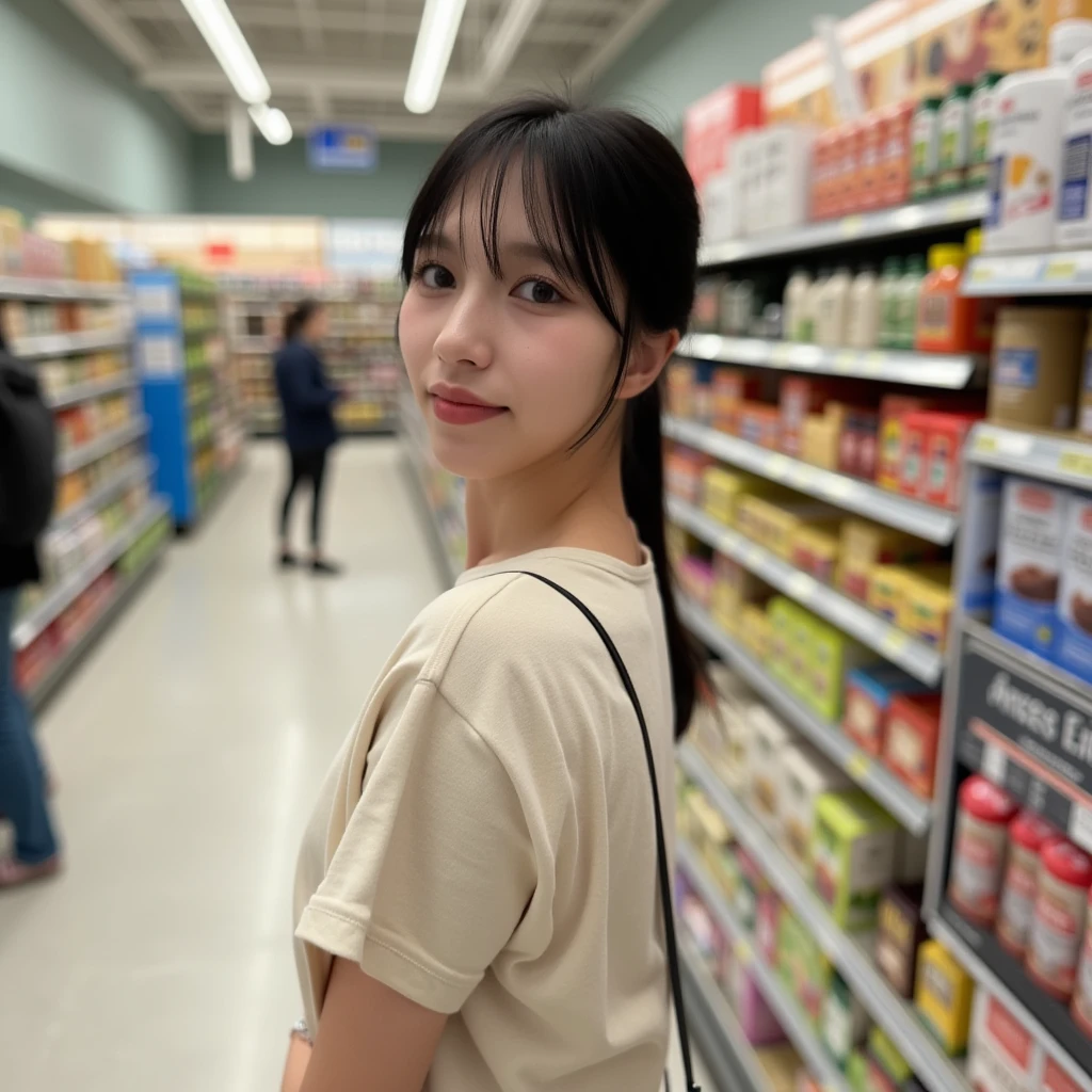 Spontaneous taken close up picture of myoi walking down a supermarket aisle. She wears comfortable clothes. Her hair is open. She has a pure beautiful face. She looks over her shoulder and smiles shy in the camera.