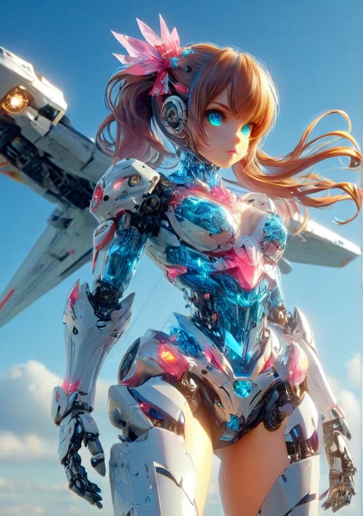 <lora:pilot:1>,mecha crystal girl stand with mecha crystal aircraft