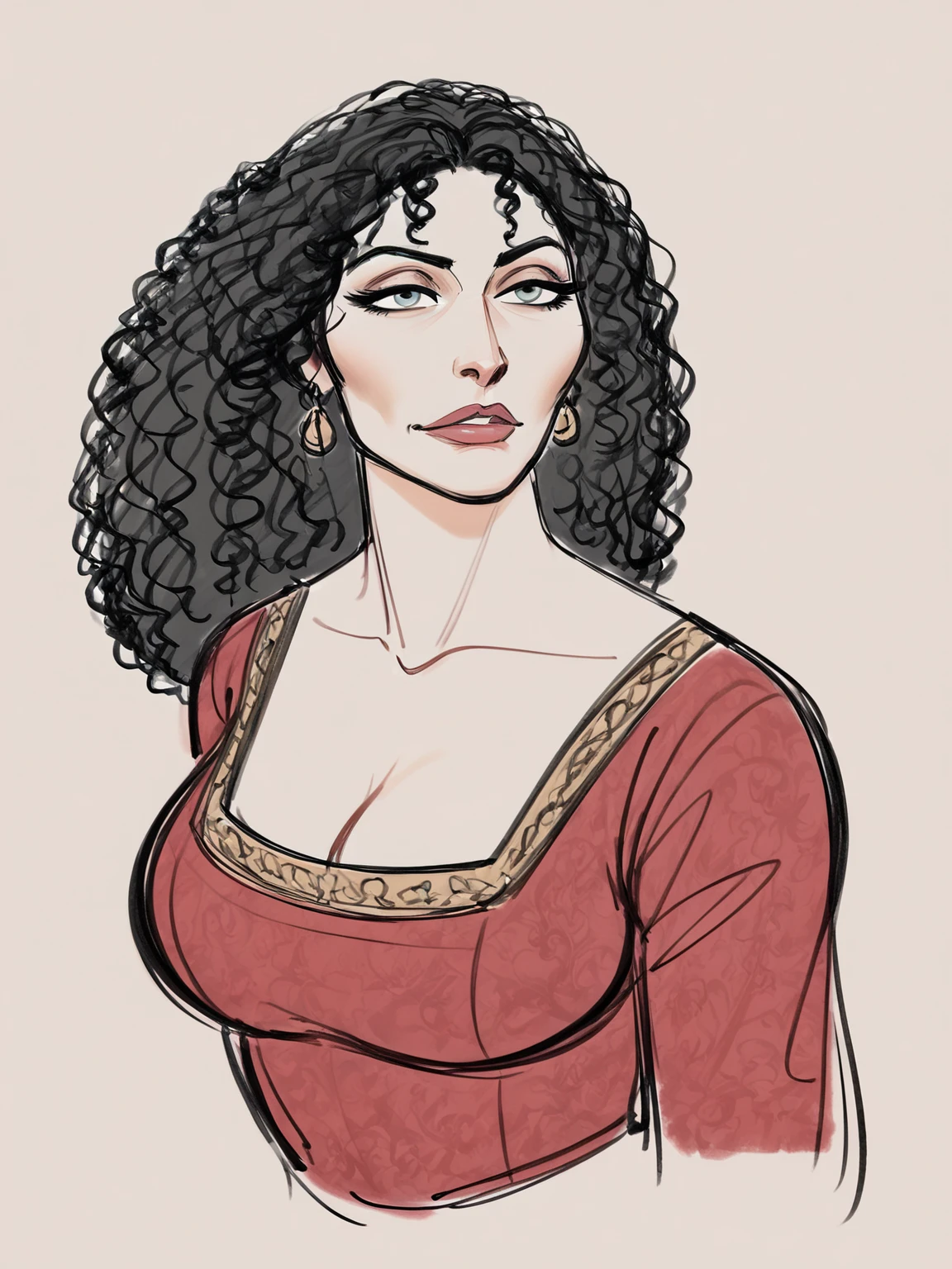 score_9, score_8, SFW, drawing sketch, mothergothel <lora:Tangled_MotherGothel_ponyXL_Xtroat:0.8>  mature woman, long black curly hair, jewelry, earrings, red dress, breasts, wonderful light, intricate medieval scenery