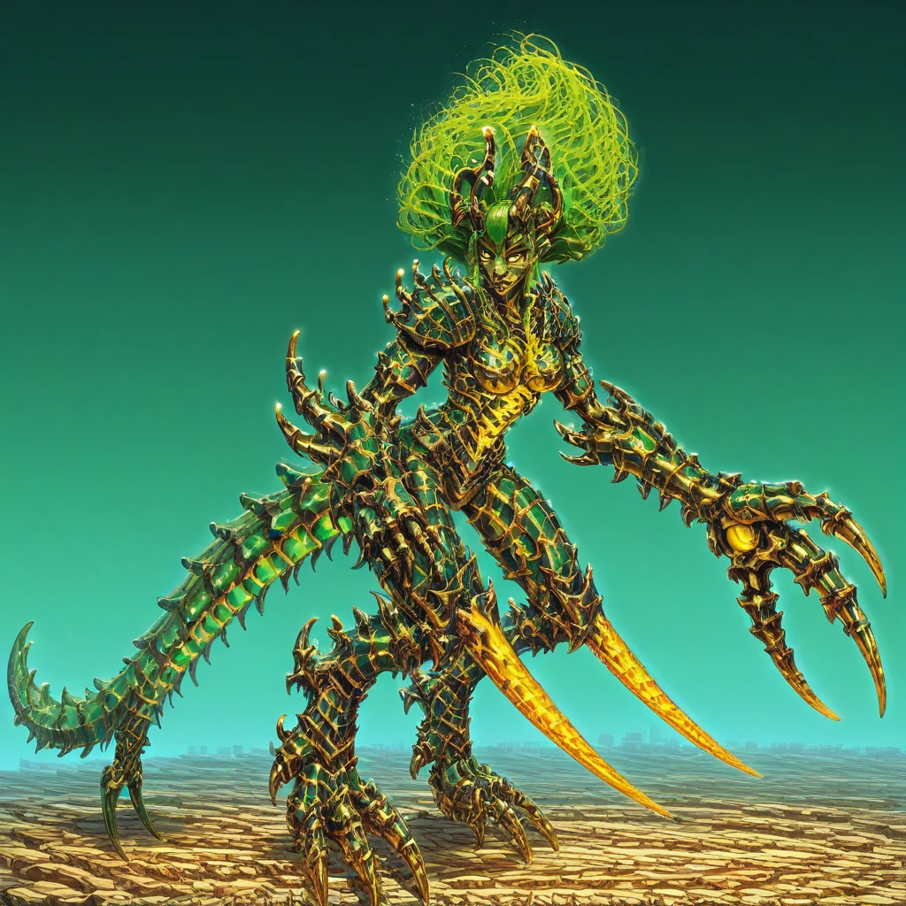 princess, Bladed claws, glowing, royal knight, hybrid, green hair, gold