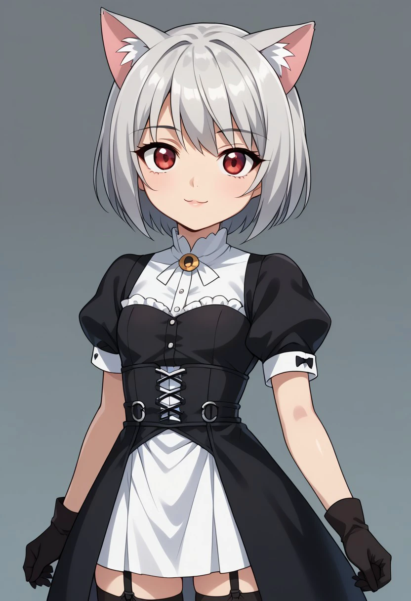 score 9, score 8 up, score 7 up, bakugan,1girl, silver hair, eyebrows visible through hair, hair intakes, solo, thighhighs, gloves, red eyes, short hair, android,short sleeves, puffy short sleeves, black gloves, upper body, garter straps, garter belt, high waist skirt, animal ears,cat ears,standing,smile, child