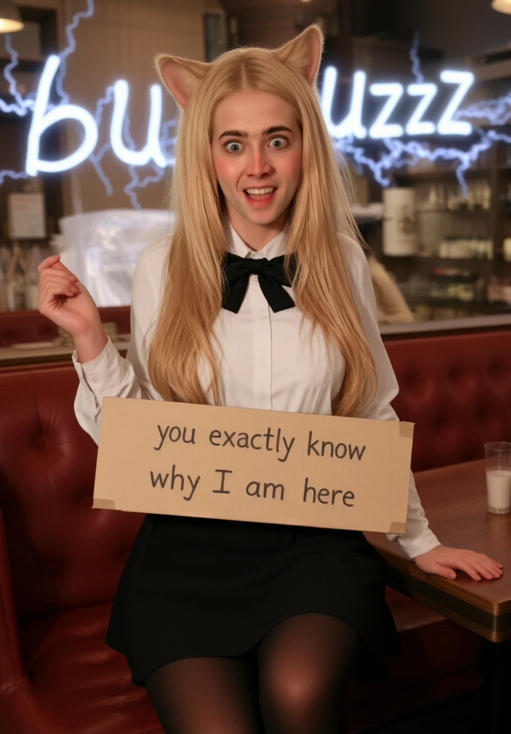 photo, 25 years old girl, cat girl, cat ears, white shirt, black skirt, holding a sign with text "you exactly know why I am here". lightning symbol in eyes, ironic smile, photorealistic, blonde hair, long hair, full body shot, black pantyhose, cafe, sitting on table, one leg on table, "buzz" text made of electricity floating in the background, petite body, bow tie