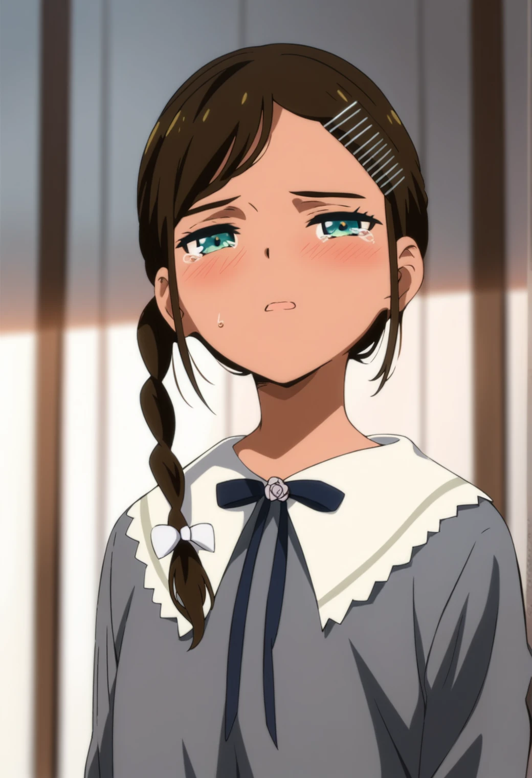 <lora:aonuma_neiru_ponyxl_lora_v1:1>, aonuma neiru, side braid, hairpin,
grey dress, collared dress, neck ribbon, blue ribbon, long sleeves,
parted lips, furrowed brow, light blush, half-closed eyes, sad, tearing up, close-up,
blurry background, indoors,
score_9, score_8_up, score_7_up, score_6_up, anime, (hara \(harayutaka\):0.5), (m-da s-tarou, asou \(asabu202\):0.5), high quality, detailed, beautiful, shiny, outstanding, countershading, detailed soft lighting