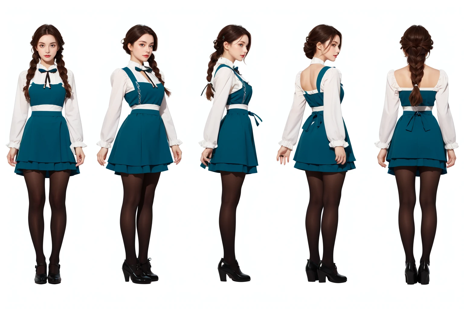 highres, masterpiece,
multi-view, turnaround, model sheet,  character design,
white background, simple background,
full body character turnaround of 1girl, Multiple views of the same character in the same outfit,
medieval,
female character, teal dress, maid outfit, frilled apron, black tights, dark shoes, long brown hair, braided hairstyle, white cuffs, blue ribbon, elegant attire, layered skirt, long sleeves,
<lora:CharTurnRetag_v4:0.1>
<lora:Witcher3turn_v1:0.1>
<lora:Medieval2turn_v1:0.6>
<lora:bg3Turn_v1:0.1>