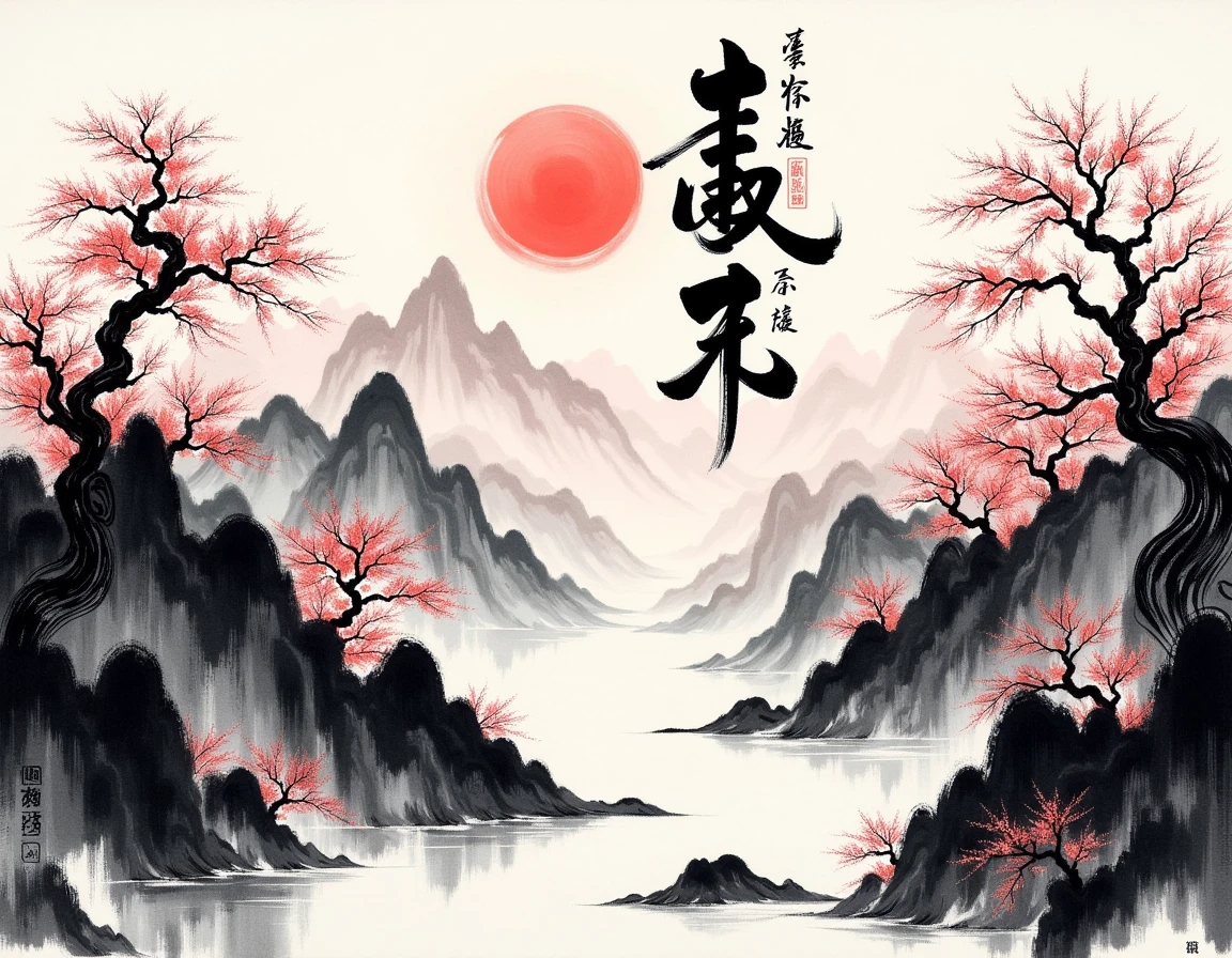 <lora:calligraphy_ink:1> monochrome Chinese text and smudged and faded ink brush style, a dense forest with mountains and rivers a in a faded smudged brush strokes calligraphy ink style, with a rising sun and sakura trees Chinese text in background