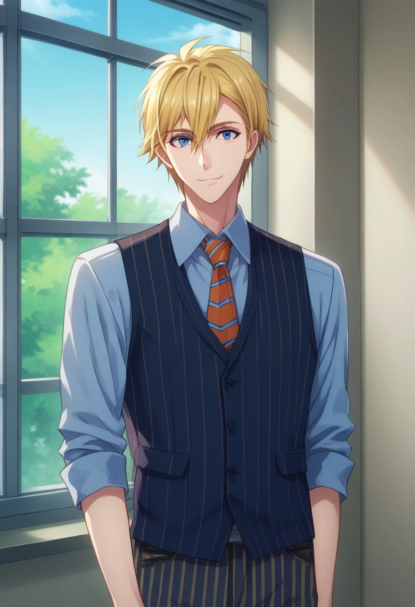 score_9, score_8_up, score_7_up, source_anime, highly detailed,    
nagirokuya, 1boy, male focus, blonde hair, solo, blue eyes, striped, vest, necktie, pants,
smile, shirt, striped pants, hair between eyes,
indoor, window,