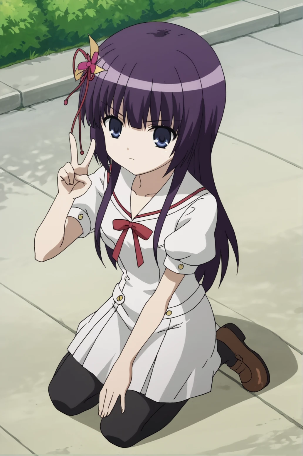 score_9, score_8_up, score_7_up,anime_source, source_anime, best background, detailed background, anime screencap, Nemuru, Ookami school outfit, outdoors, full body, dynamic angle, expressless, v fingers, victory pose, on knees, floor, <lora:JN_ookami_kakushi:0.8>