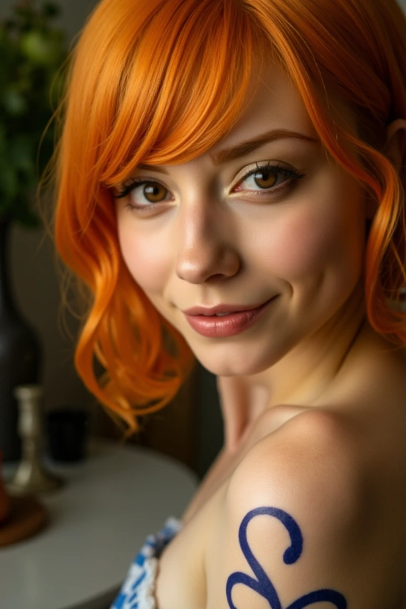 close up face portrait of Nami, frekles, a orange hair woman shoulder tattoo  <lora:Nami:0.8>