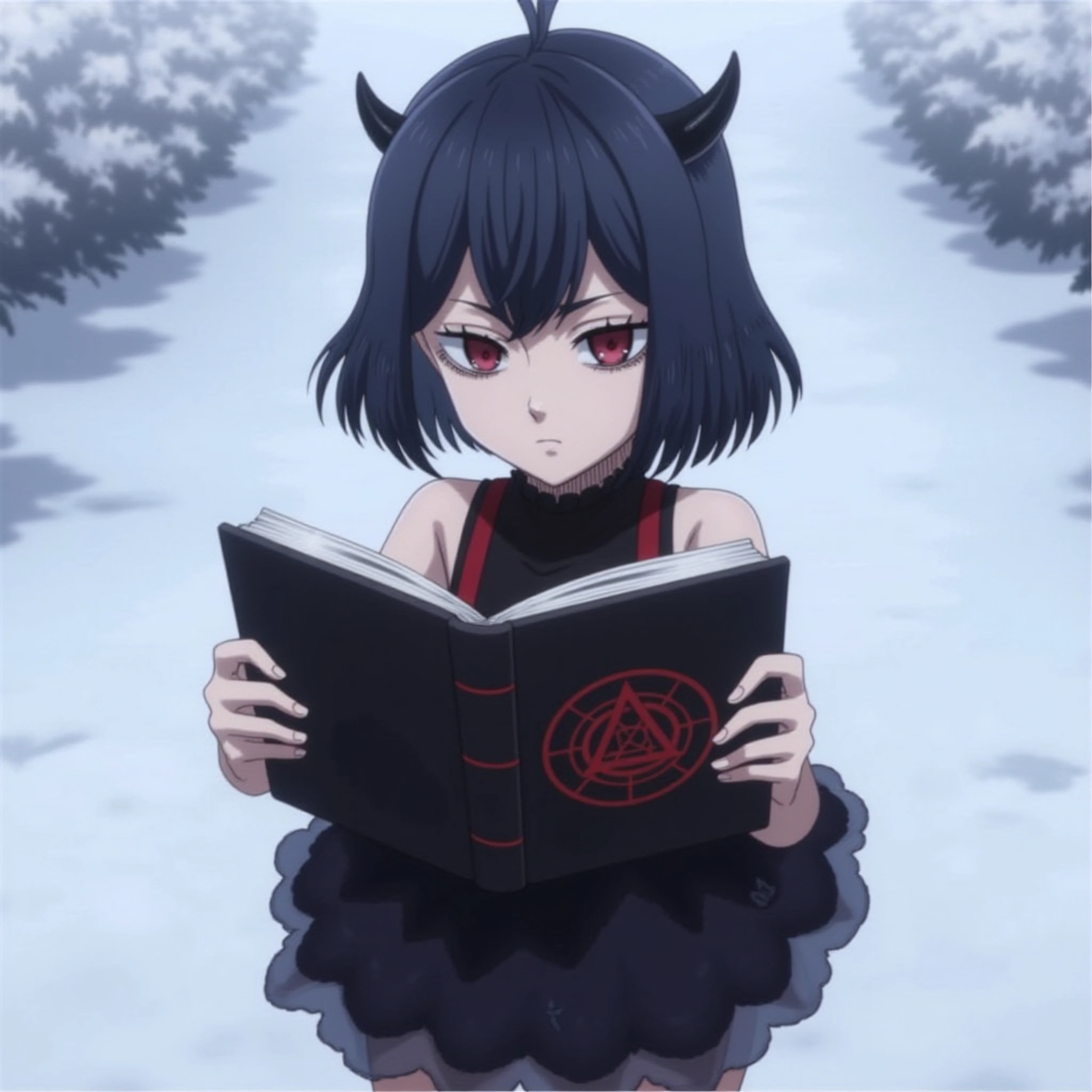 cute anime anthropomorph girl, realistic-anatomy, 5 fingers, full-height, full-body, mature face, black short hair, black dress, small black horns, black clover anime, secre, holding black grimoire book with both hands, the grimoire is closed with red lines and red pentagrame in the middle of the book, the girl looking into the camera, snow environment