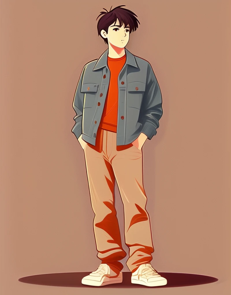 Create a vector illustration in a flat design style of a young boy, portrayed in an anime style. The boy should exude a sense of youthfulness, liveliness, and vibrancy, with the artwork capturing an energetic, cheerful, and optimistic mood. The character should be in either a waist-up or full-body shot, with bold and primary colors dominating the scene. The background should be minimalistic or abstract to not detract from the character. with specific emphasis on flat vector design and anime characteristics












